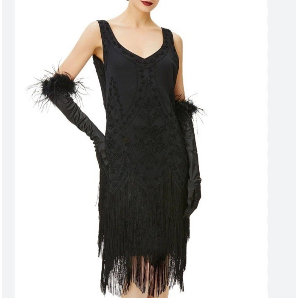Babelove Womens Flapper Gatsby Cocktail Dress L Black Sleeveless Fringe Costume